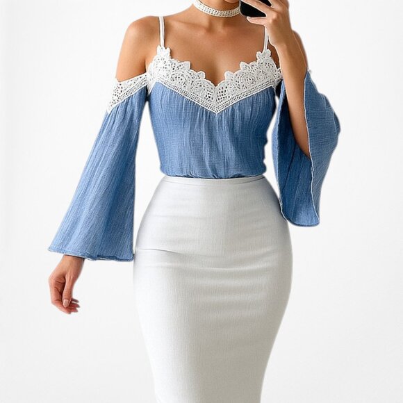 Blue Lace Trim Cold Shoulder Long Bell Sleeves Babydoll Pleated Top Size M/L - Picture 1 of 9